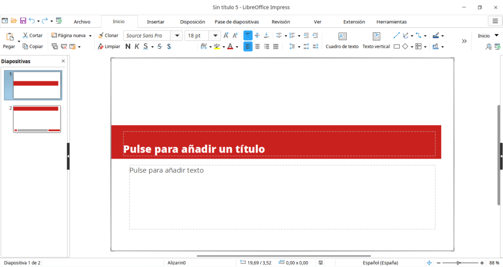 Interfaz para trabajar en LibreOffice Impress